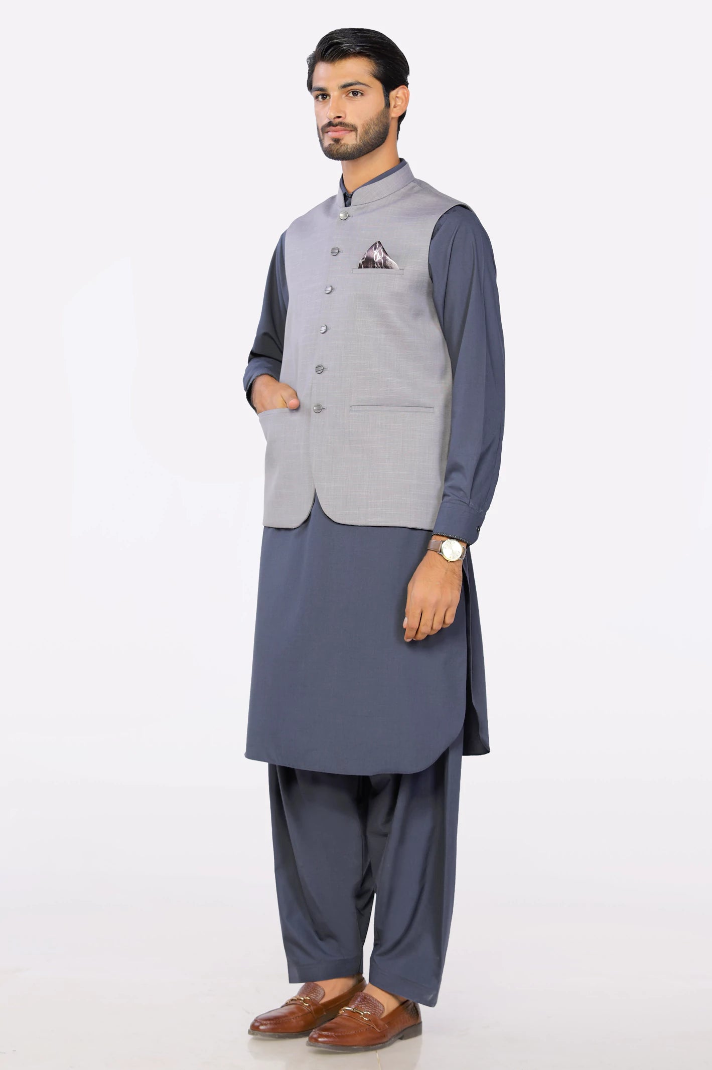Grey kurta 2025 with waistcoat