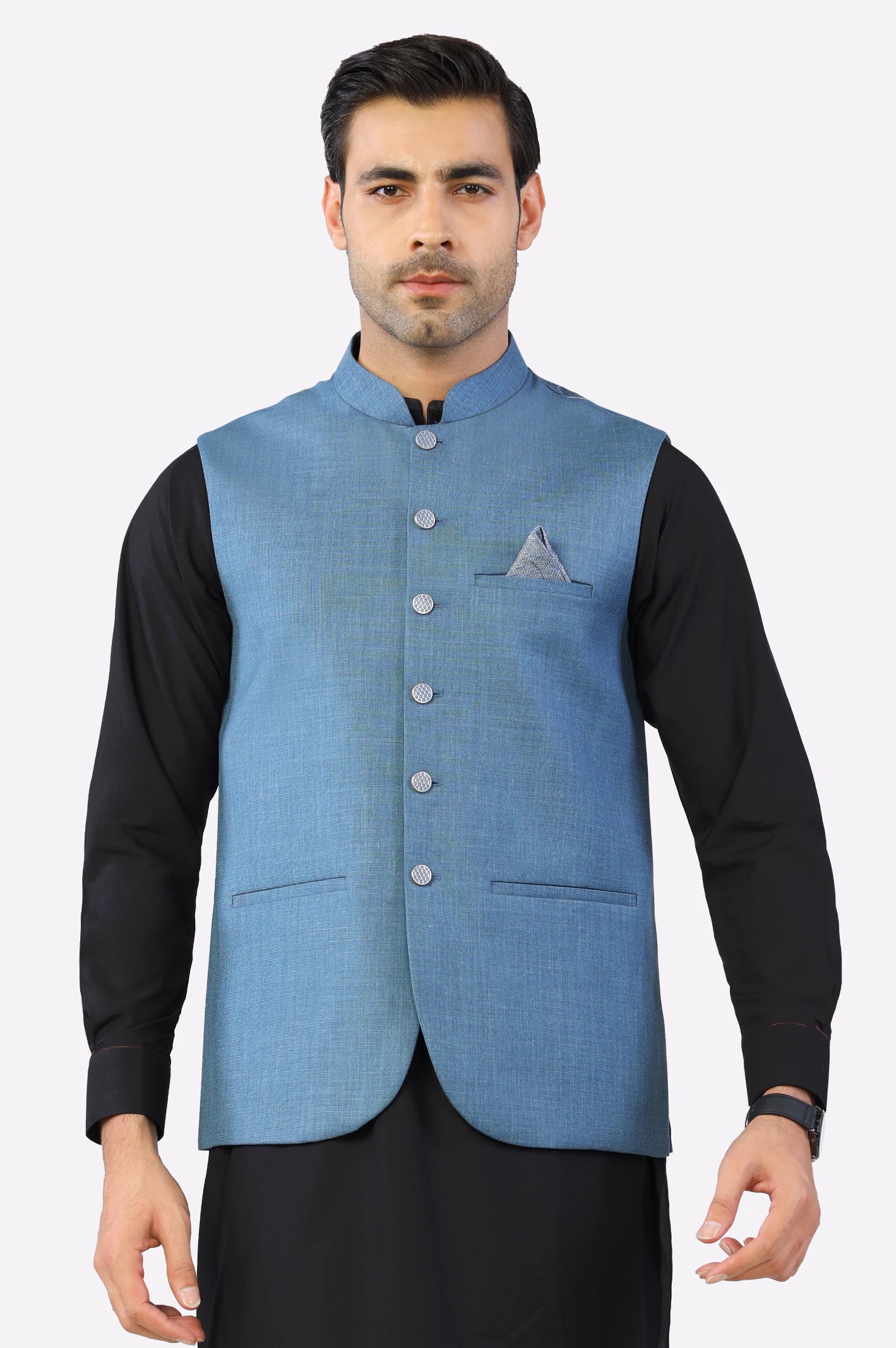 Men Light Blue Buttoned Waistcoat