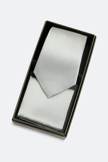Silver Tie With Pocket Square