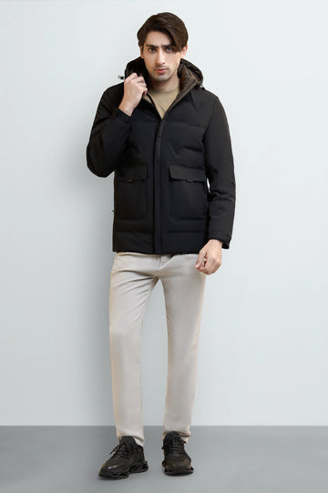 Black Hooded Puffer Jacket for Men