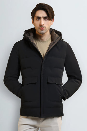Black Hooded Puffer Jacket for Men