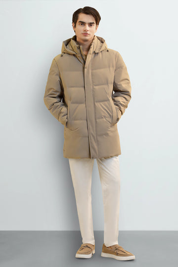 Men's Khaki Hooded Long Jacket