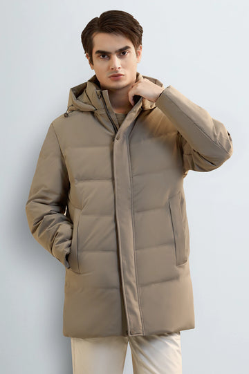 Men's Khaki Hooded Long Jacket