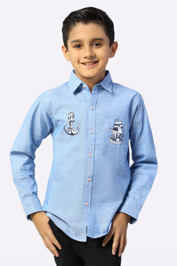 Blue Stipe Textured Boys Shirt