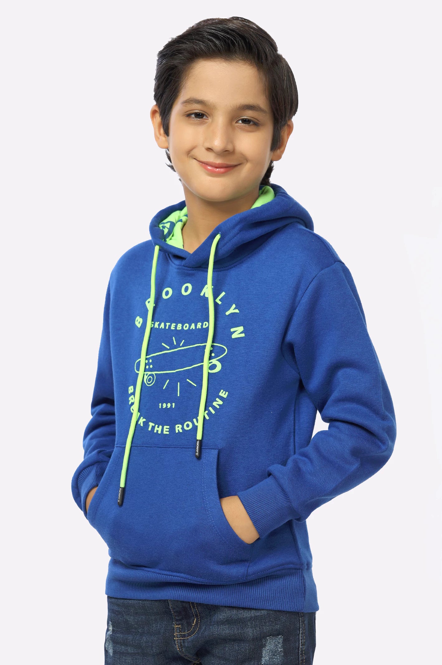 Royal Blue Graphic Printed Boys Hoodie From Diners