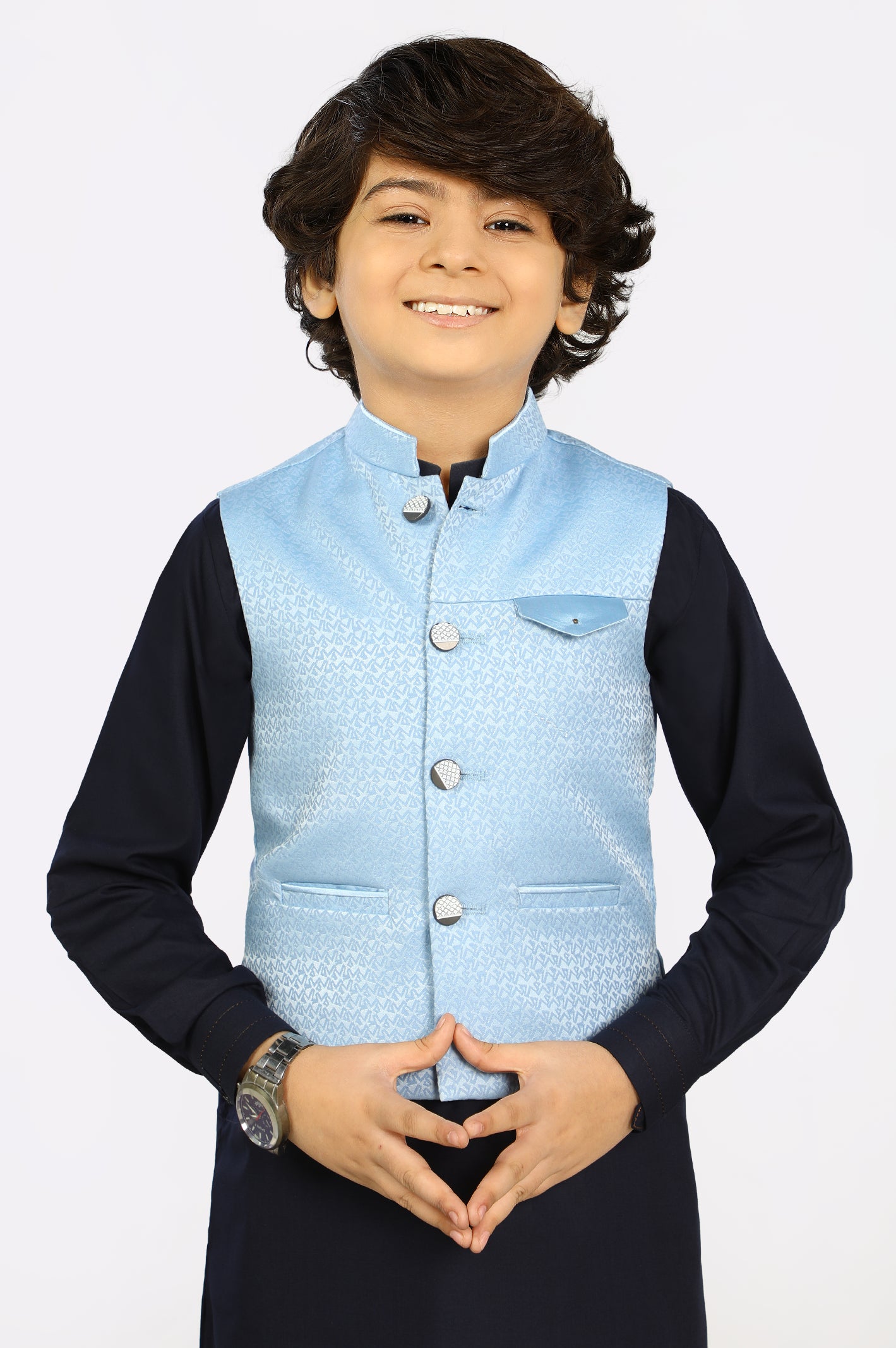 Light Blue Jacquard Waist Coat From Diners