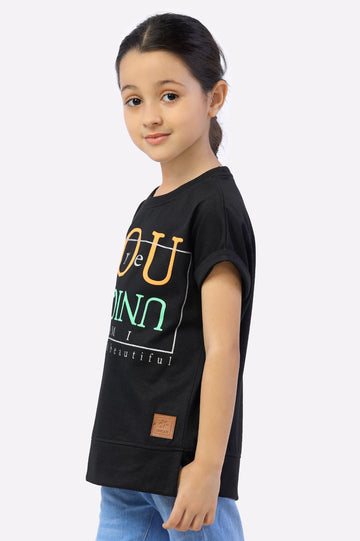 Black Printed Girls T-Shirt