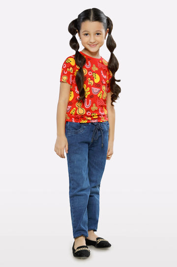 Red Graphic Printed Girls T-Shirt
