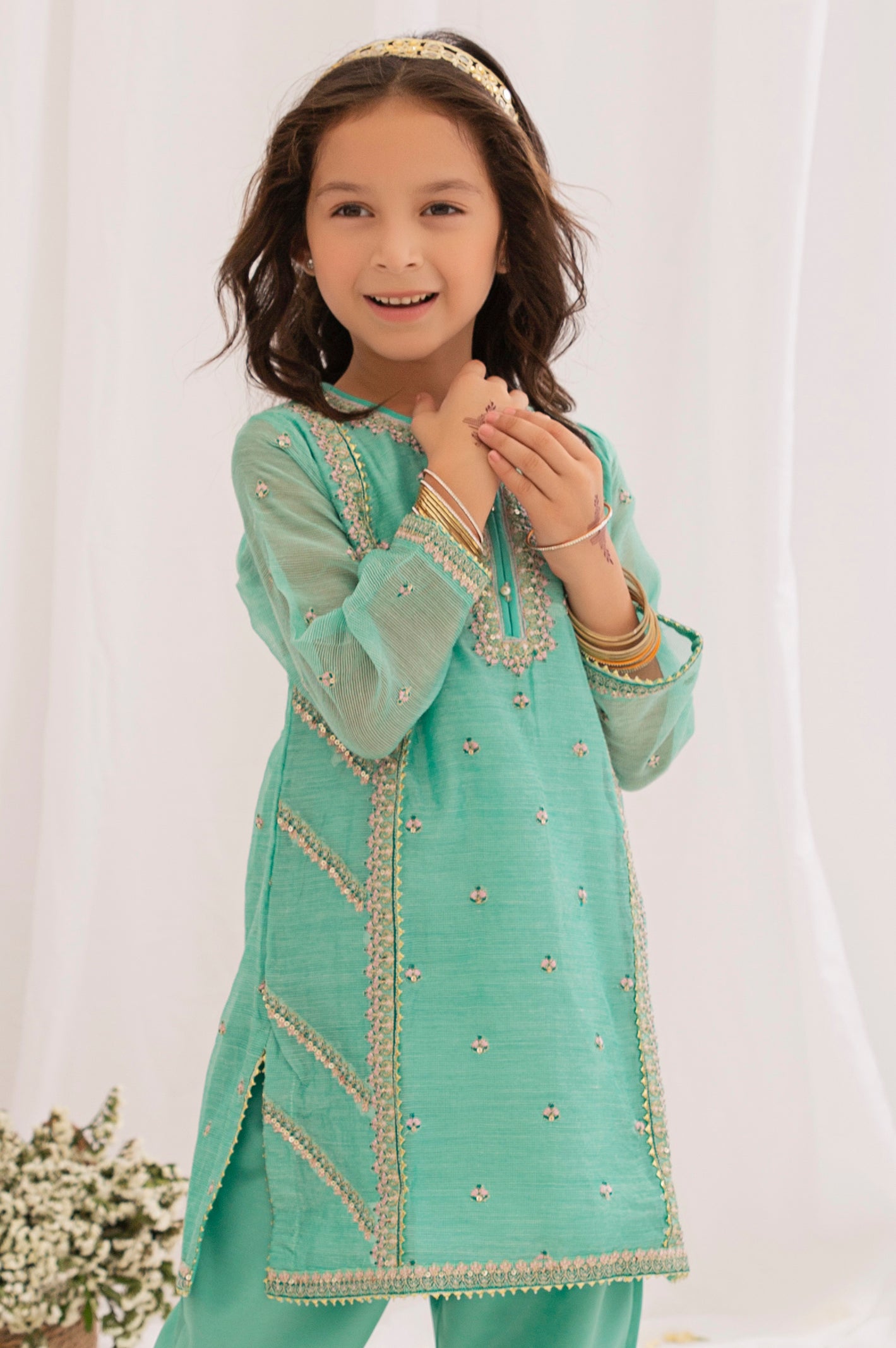 Sea Green Embroidered Girls 2PC Suit From Diners