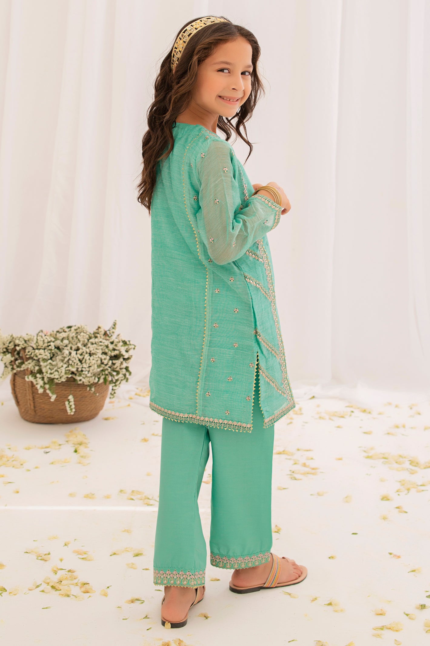 Sea Green Embroidered Girls 2PC Suit From Diners