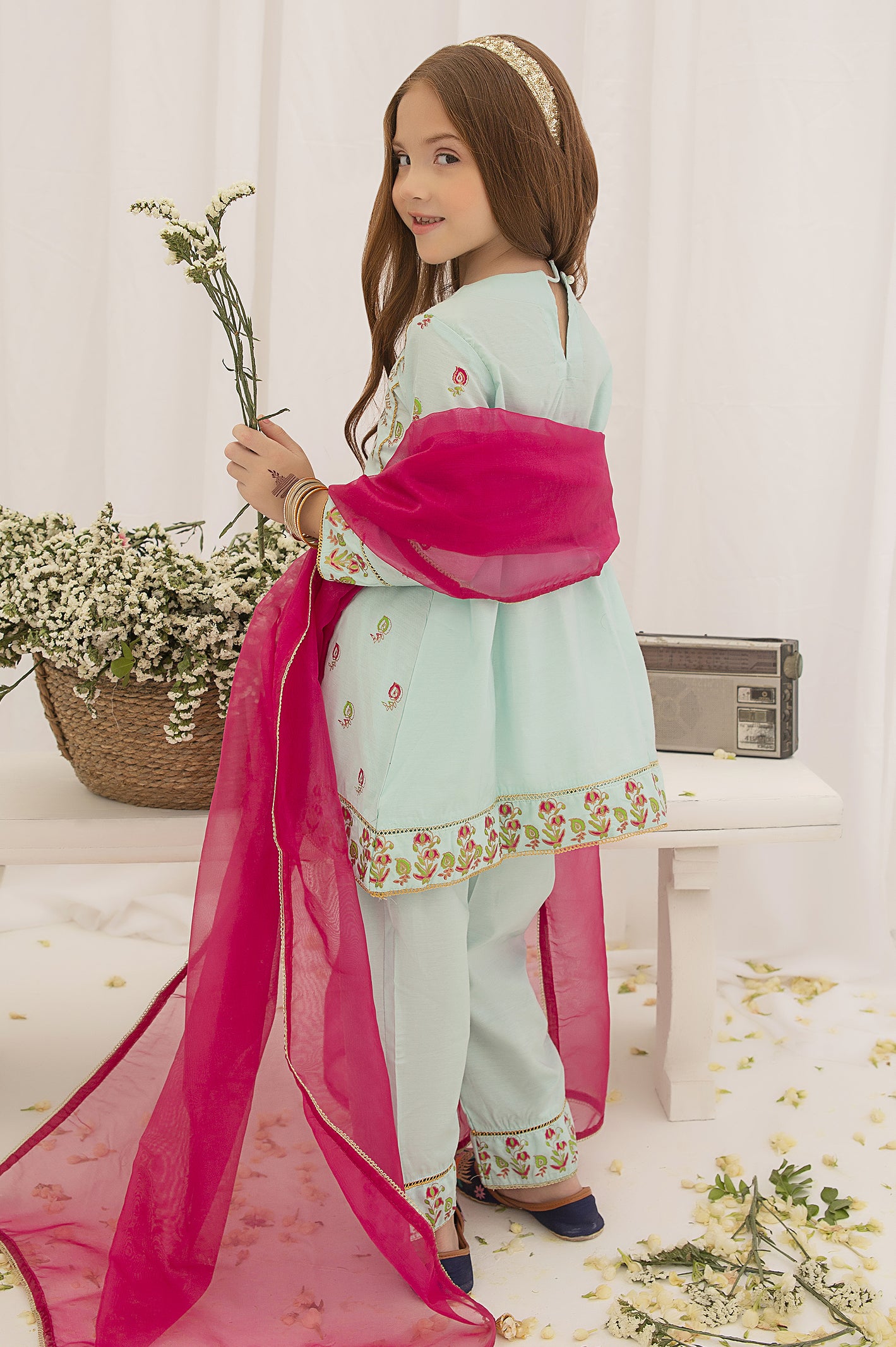 Light Blue Embroidered Girls 3PC Suit From Diners