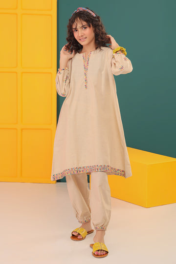 Beige Girls Embroidered 2 PC Suit