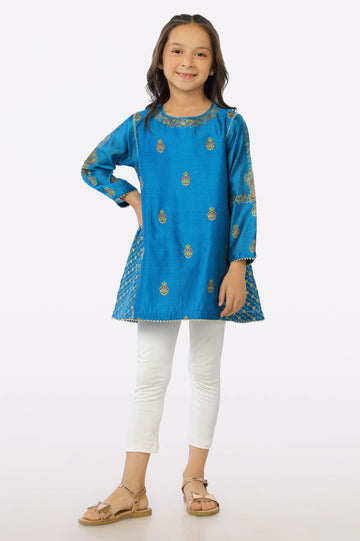 Blue Khaddi Net Block Printed Girls Kurti