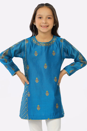 Blue Khaddi Net Block Printed Girls Kurti