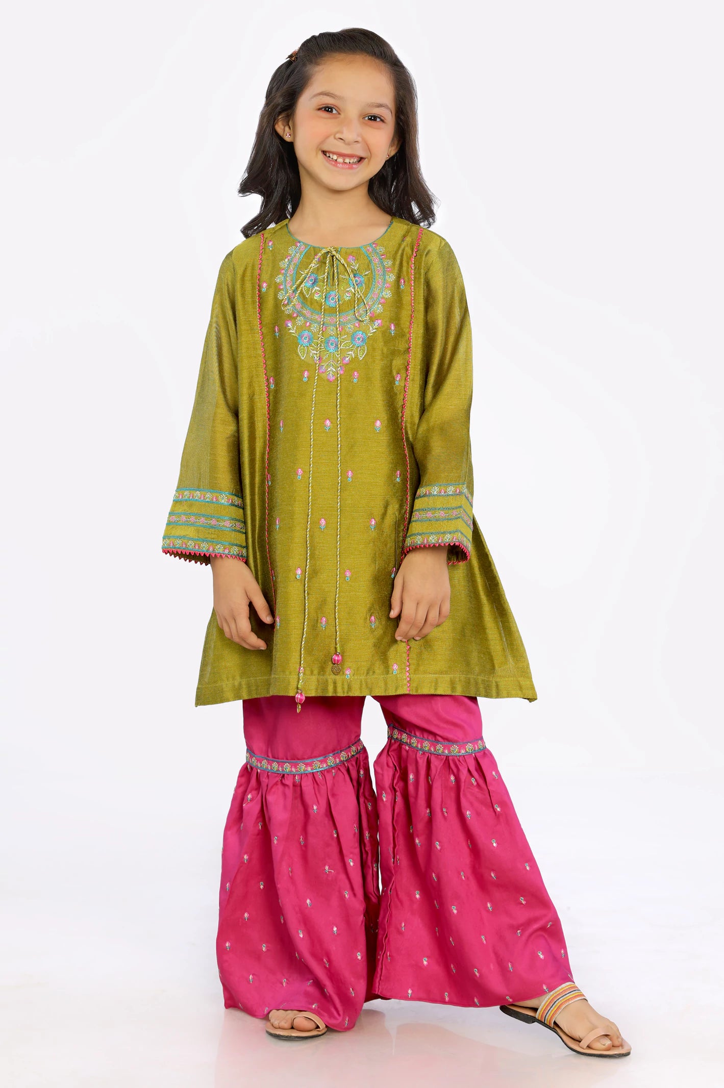 Olive Embroidered Girls 2PC Suit From Diners