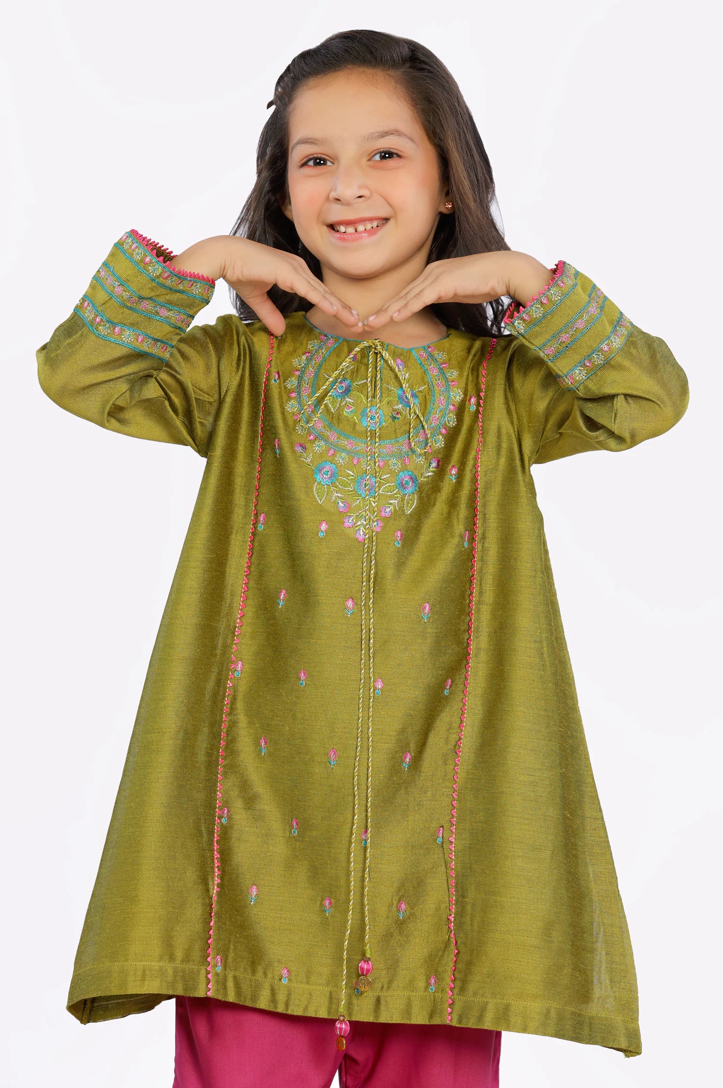 Olive Embroidered Girls 2PC Suit From Diners