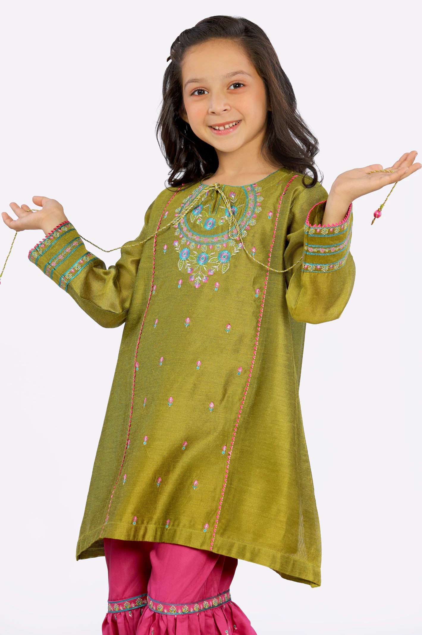 Olive Embroidered Girls 2PC Suit From Diners