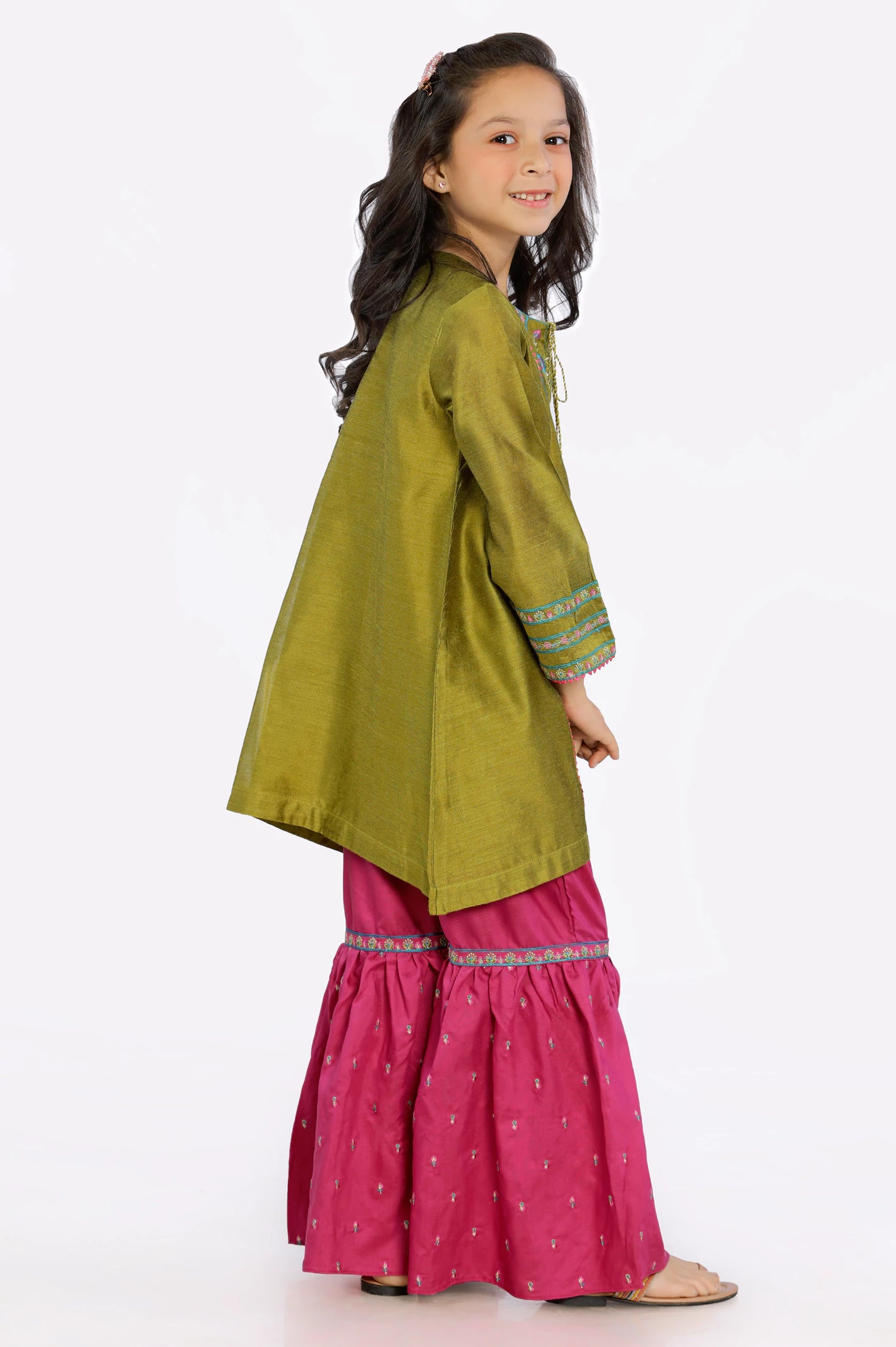 Olive Embroidered Girls 2PC Suit From Diners