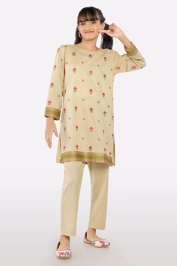 Beige Embroidered Girls 2PC