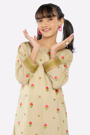 Beige Embroidered Girls 2PC