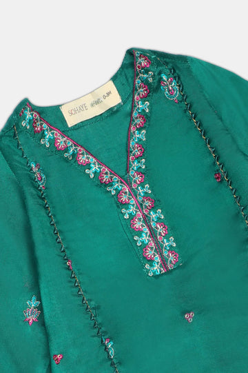 Embroidered Cotton Silk-Green Infant 3PC