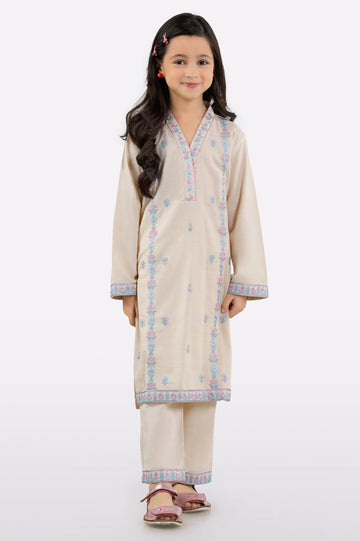 Beige Embroidered Girls 2PC