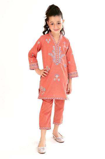 Peach Embroidered Girls 2PC