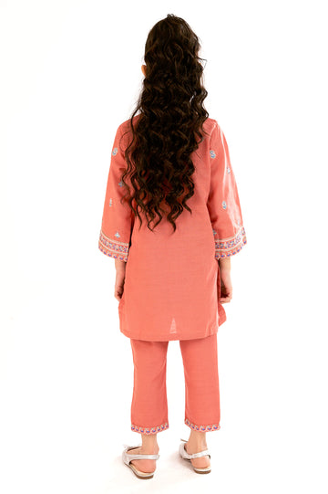 Peach Embroidered Girls 2PC
