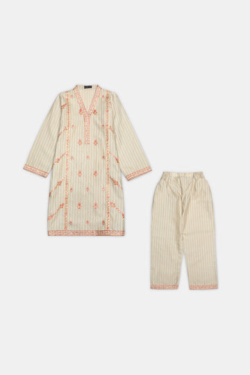 Beige Embroidered Girls 2PC
