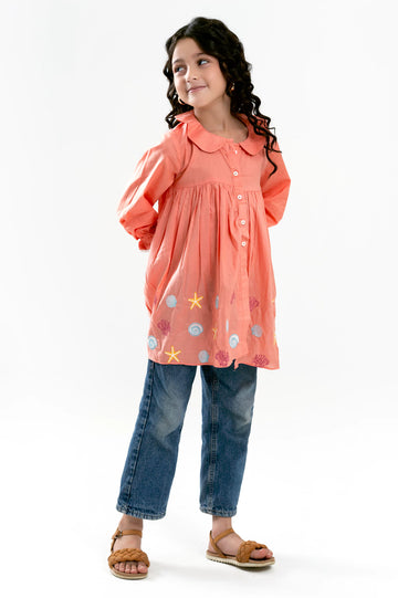 Peach Embroidered Girls Kurti