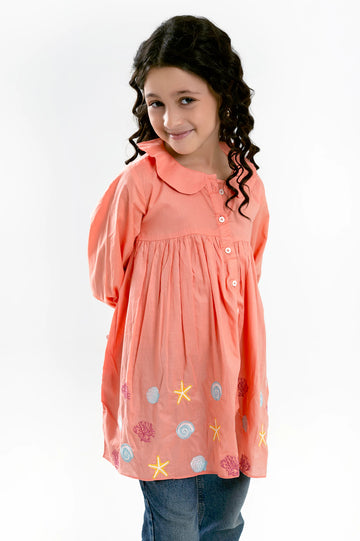Peach Embroidered Girls Kurti