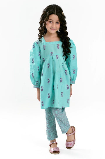 Sea Green Printed Girls 2PC
