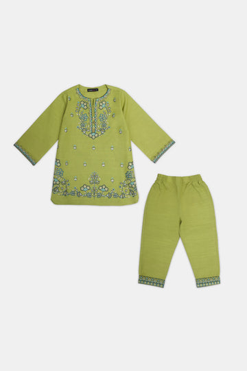 Embroidered Khaddar-Olive Girls 2PC
