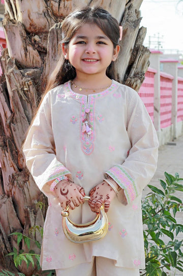 Embroidered Beige Girls 2PC