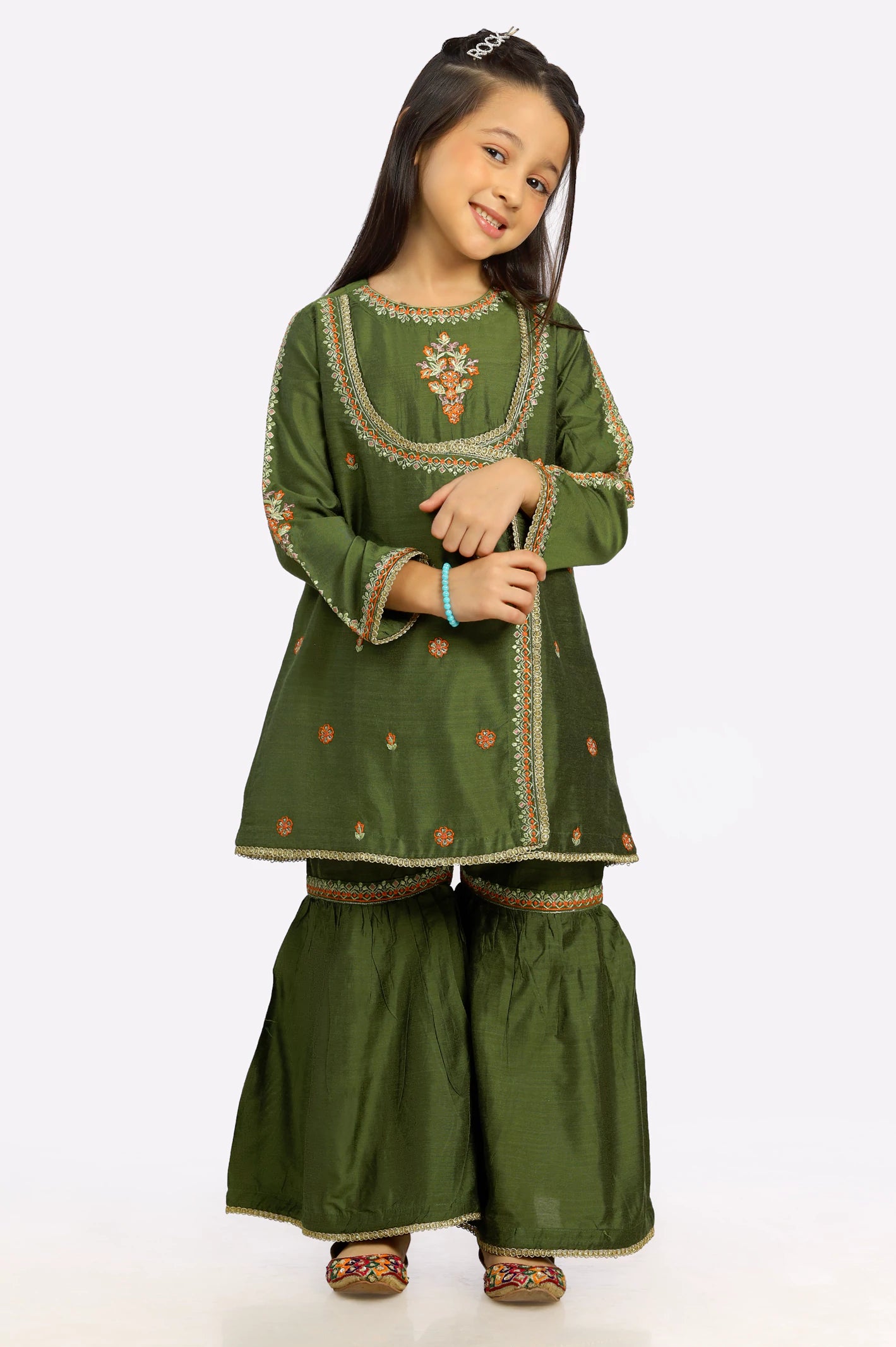 Olive Paper Silk Girls 2PC Suit From Diners