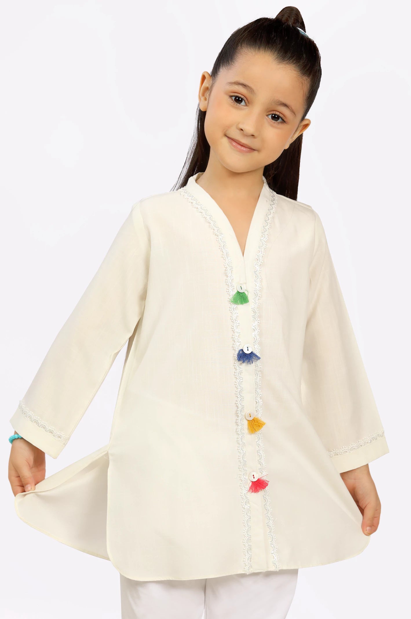 Off White Yarn Dyed Girls Kurti From Diners
