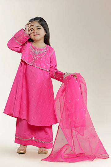 Embroidered Cotton Pink Girls 2PC
