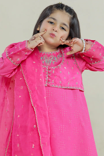 Embroidered Cotton Pink Girls 2PC
