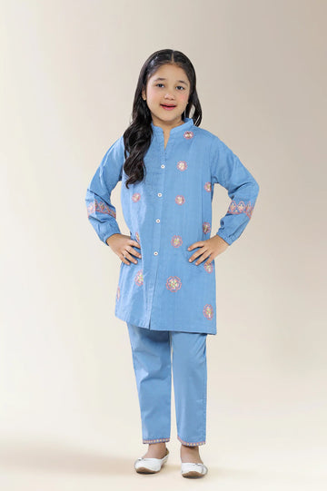 Embroidered Jacquard Blue Girls 2PC
