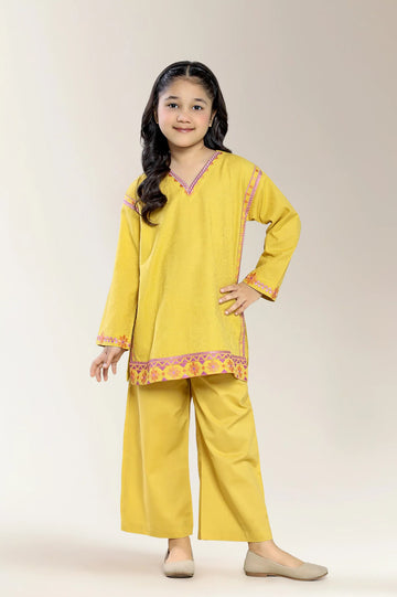 Embroidered Jacquard Mustard Girls 2PC