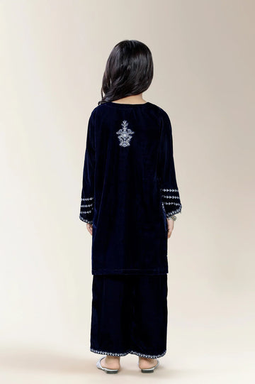 Embroidered Velvet Blue Girls 2PC
