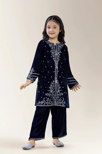 Embroidered Velvet Blue Girls 2PC