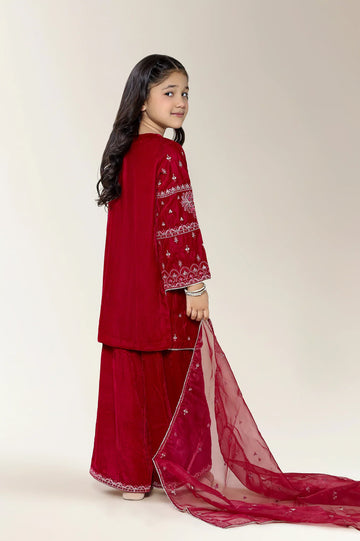 Embroidered Velvet Pink Girls 3PC