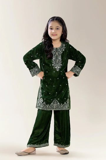 Embroidered Velvet Olive Girls 2PC