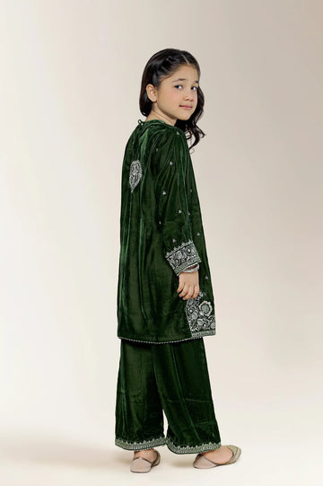 Embroidered Velvet Olive Girls 2PC
