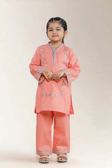 Embroidered Cambric Peach Girls 2PC