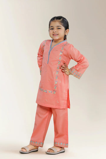 Embroidered Cambric Peach Girls 2PC