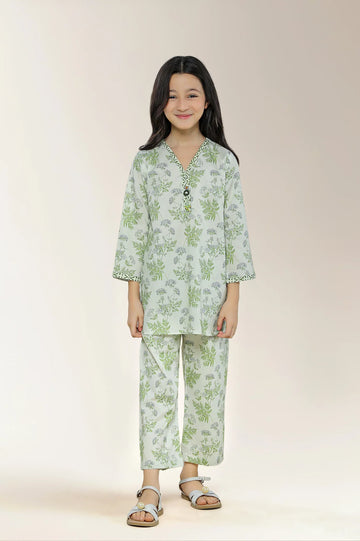 Printed Cotton Olive Girls 2PC