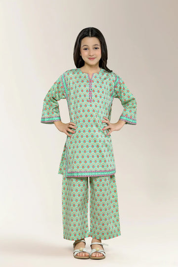 Printed Cambric Green Girls 2PC