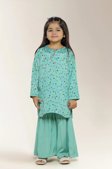 Printed Silk Green Girls 2PC